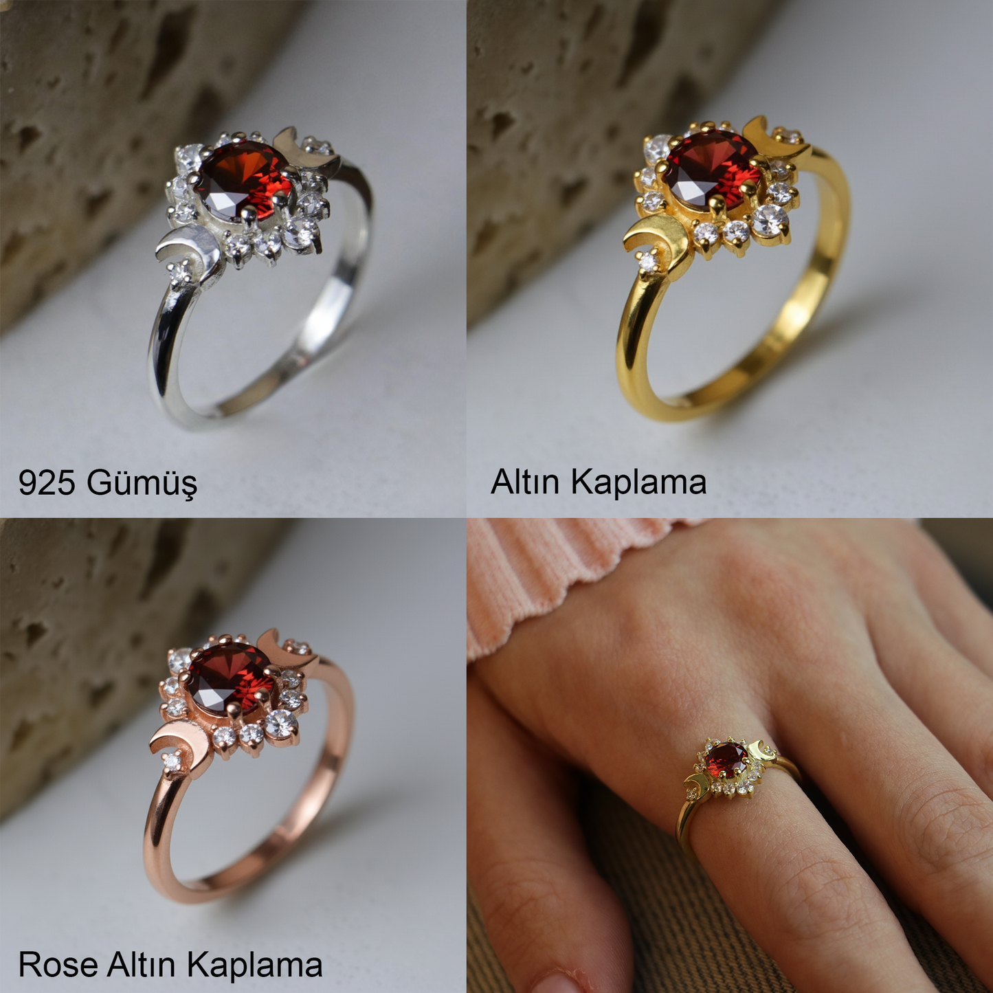 Ay Tanrıçası Garnet ve Mozanite 925 Gümüş Altın Kaplama Yüzük