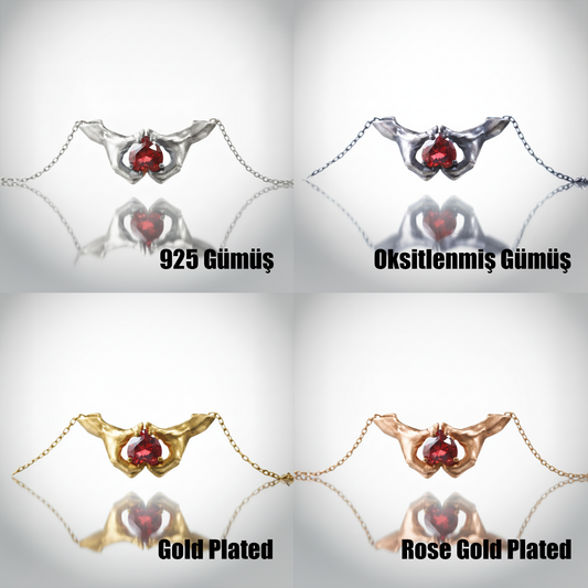 Hands Heart Garnet 925 Oxidized Silver Necklace