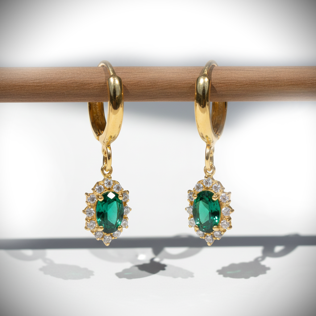 Oval Zümrüt ve Mozanit Taşlı 925 Gümüş Altın Kaplama Küpe