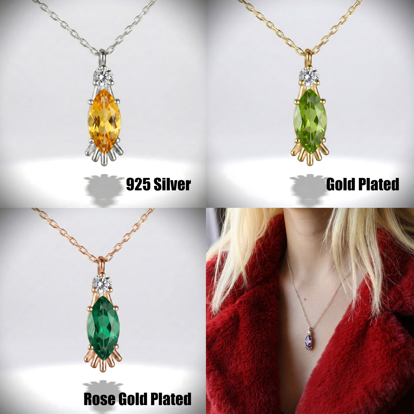 Marquise Peridot and Moissanite 925 Silver Necklace