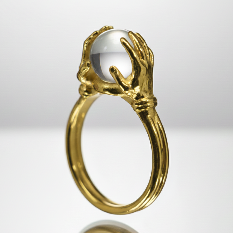 Clear Quartz 925 Silver Gold Plated Ring Between Hands