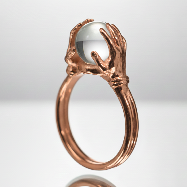 Clear Quartz 925 Silver Rose Gold Plated Ring Between Hands