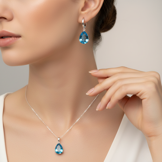Damla Blue Topaz Küpe Kolye Set