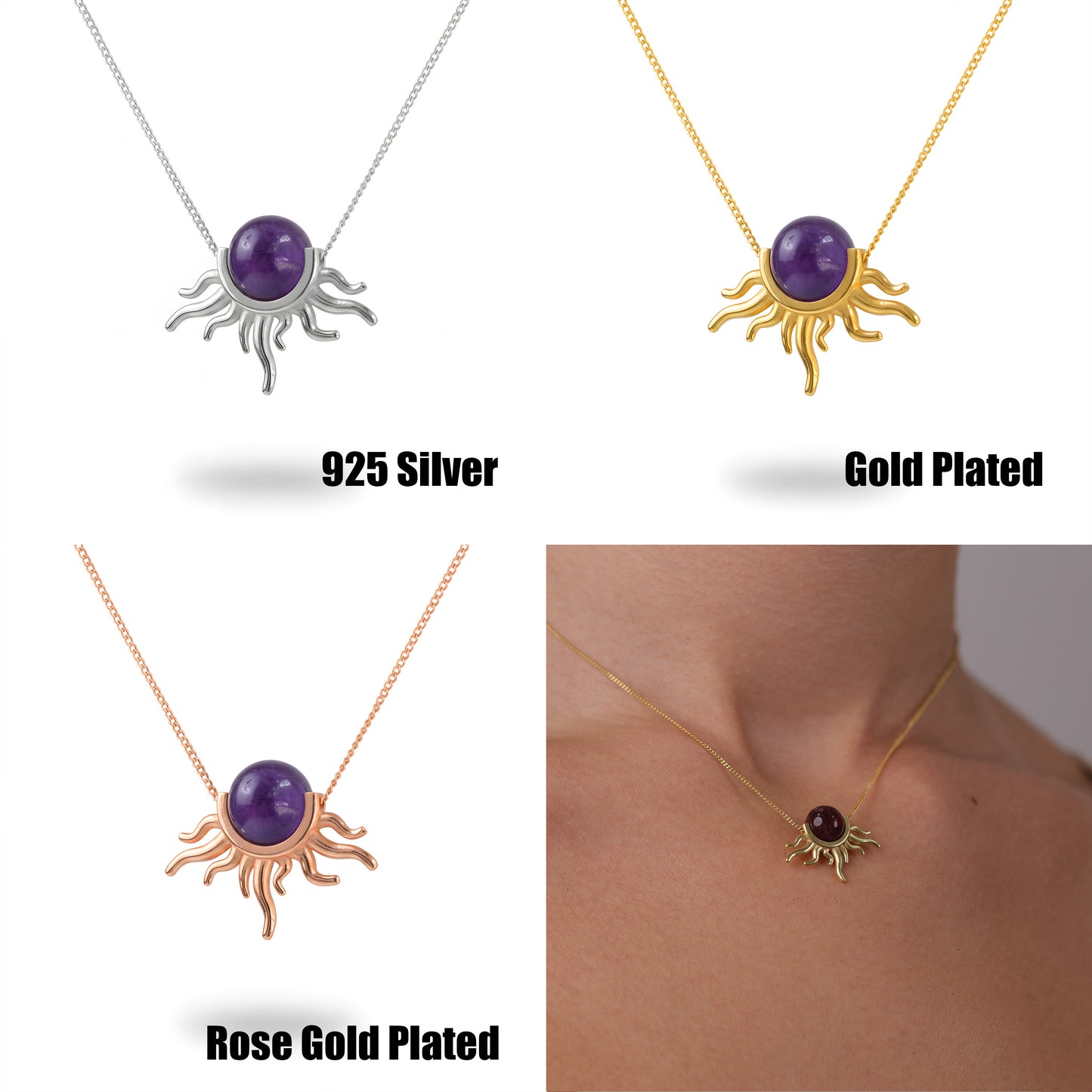 Güneş Ametist Kolye (Tüm Taş ve Maden Seçenekleri)