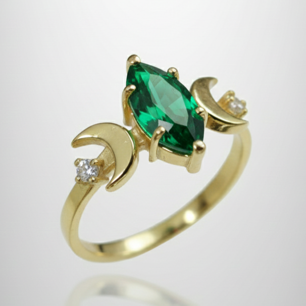 Marquise Lab. Moon Goddess 925 Silver Gold Plated Ring with Emerald Stone