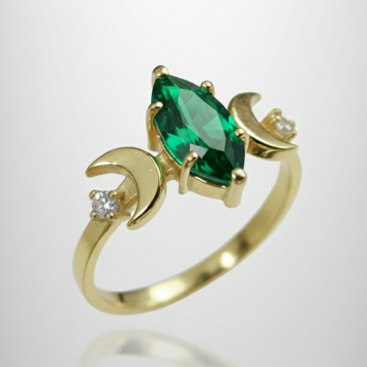 Marquise Lab. Moon Goddess 925 Silver Gold Plated Ring with Emerald Stone