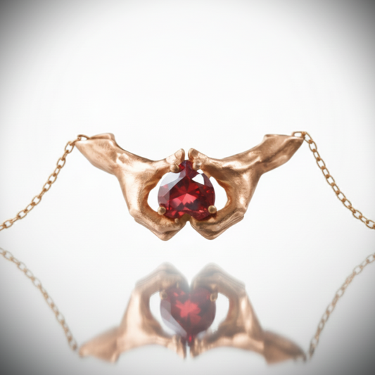 Hands Heart Garnet 925 Oxidized Silver Necklace
