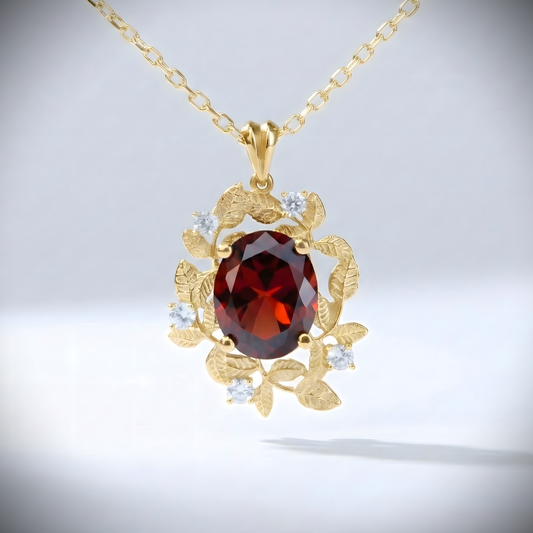 Yapraklar Garnet ve Mozanit Kolye (Tüm Taş ve Maden Seçenekleri)