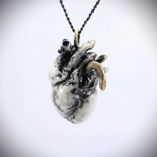 Handmade Marble Carved White Human Heart with Snake Veins