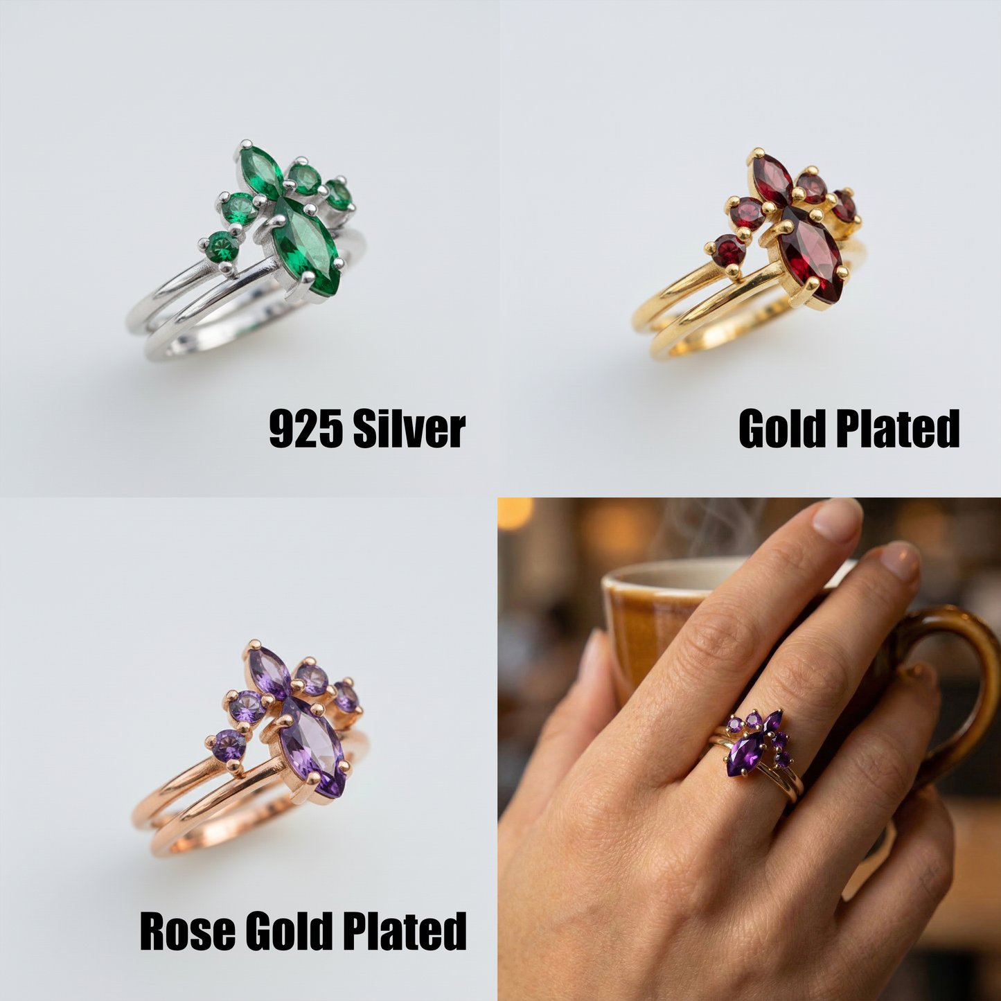 Garnet İkili Set 925 Gümüş Altın Kaplama Yüzük