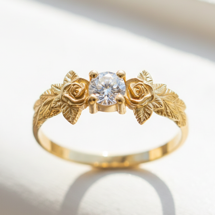 Yapraklar Mozanit 925 Gümüş Altın Kaplama Yüzük