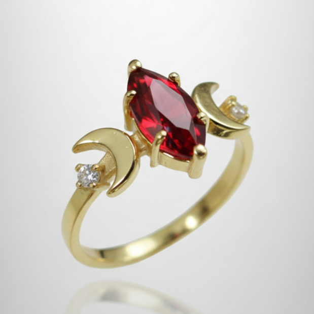 Moon Goddess 925 Silver Gold Plated Ring with Marquise Garnet Stone