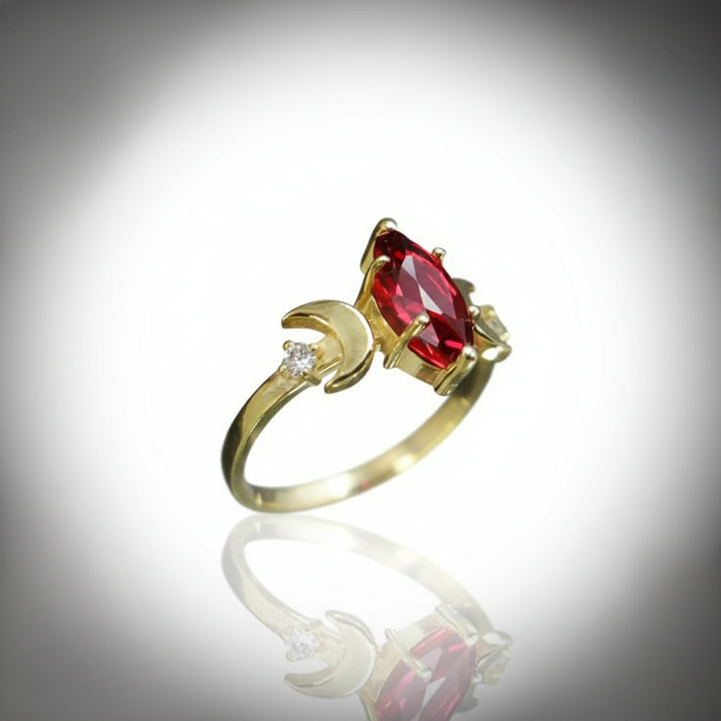 Moon Goddess 925 Silver Gold Plated Ring with Marquise Garnet Stone