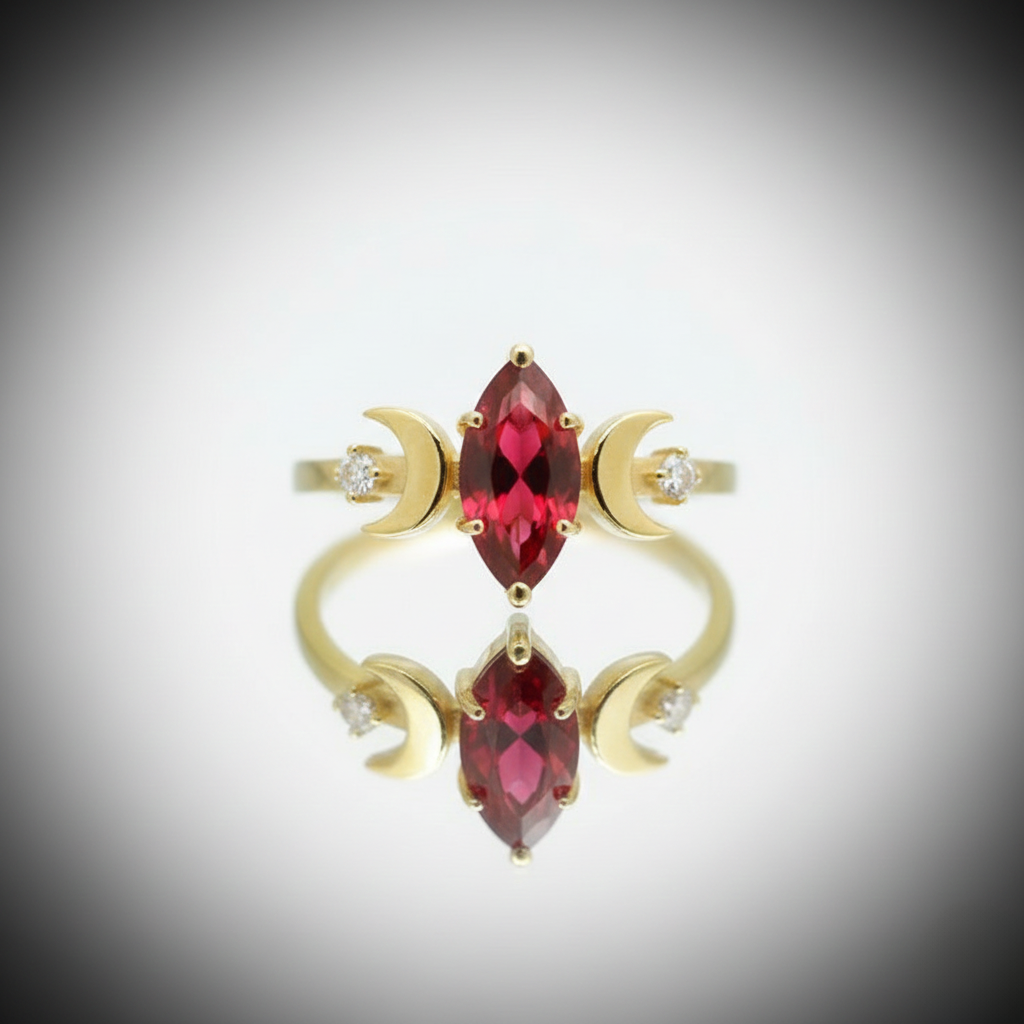 Moon Goddess 925 Silver Gold Plated Ring with Marquise Garnet Stone