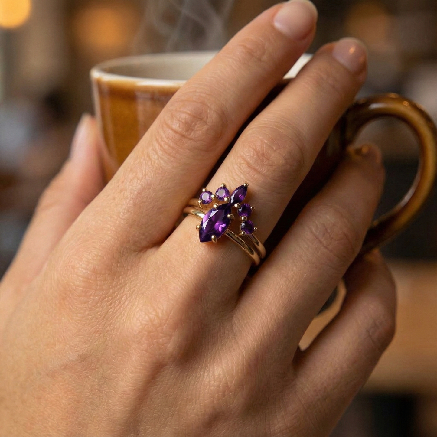 Garnet İkili Set 925 Gümüş Altın Kaplama Yüzük