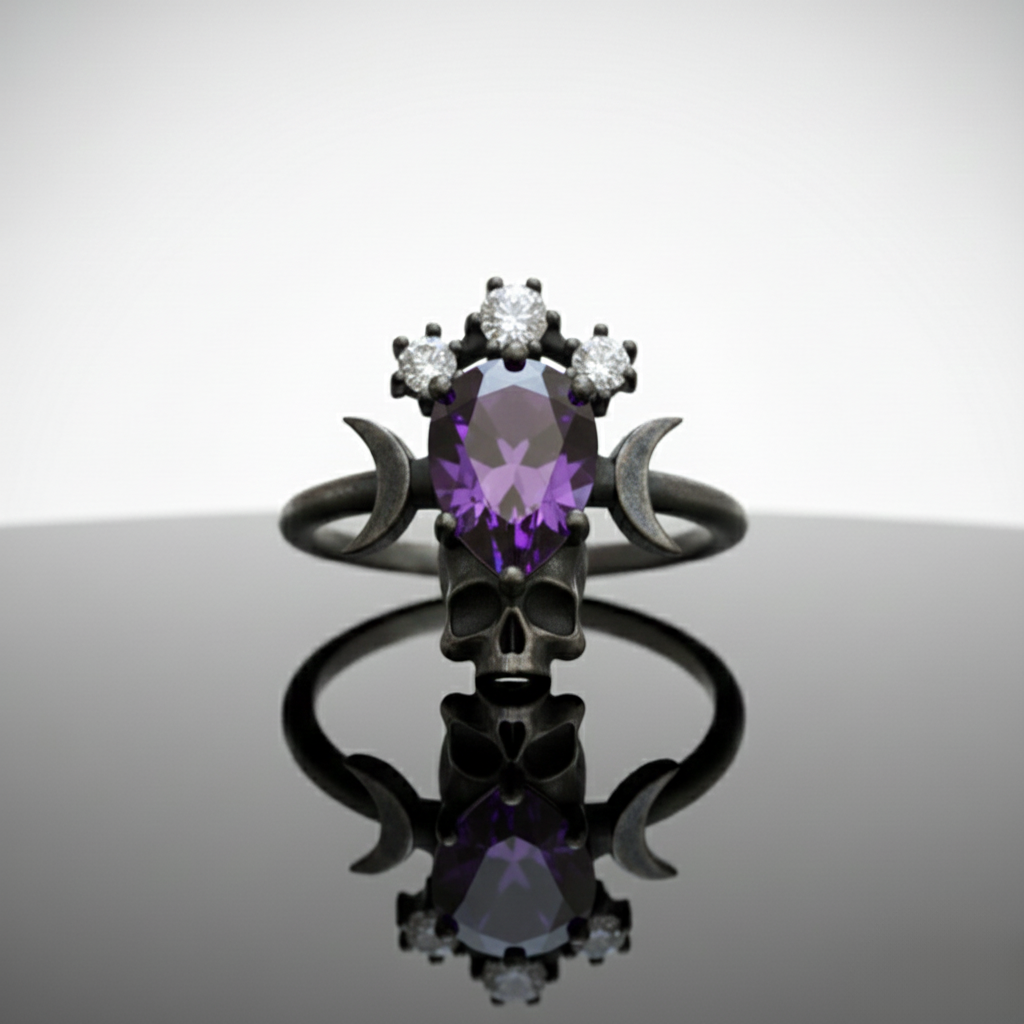 Moon Goddess Death Amethyst 925 Black Silver Ring