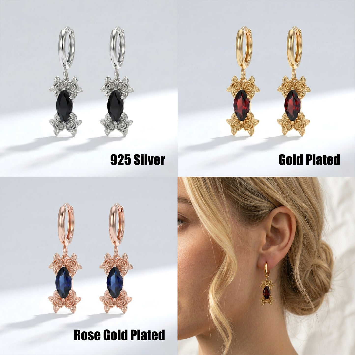 Markiz Garnet Gül Küpe (Tüm Taş ve Maden Seçenekleri)