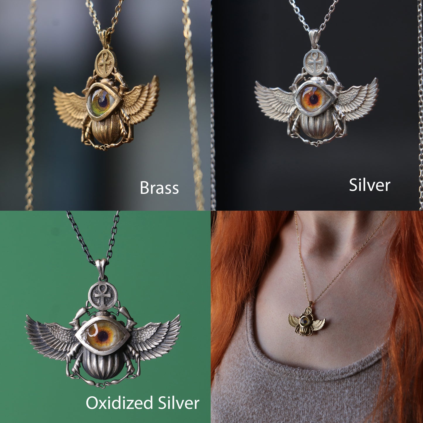 Antik Mısır Scarab ve Ankh Gümüş Kolye - İris Göz Koruyucu Tılsım